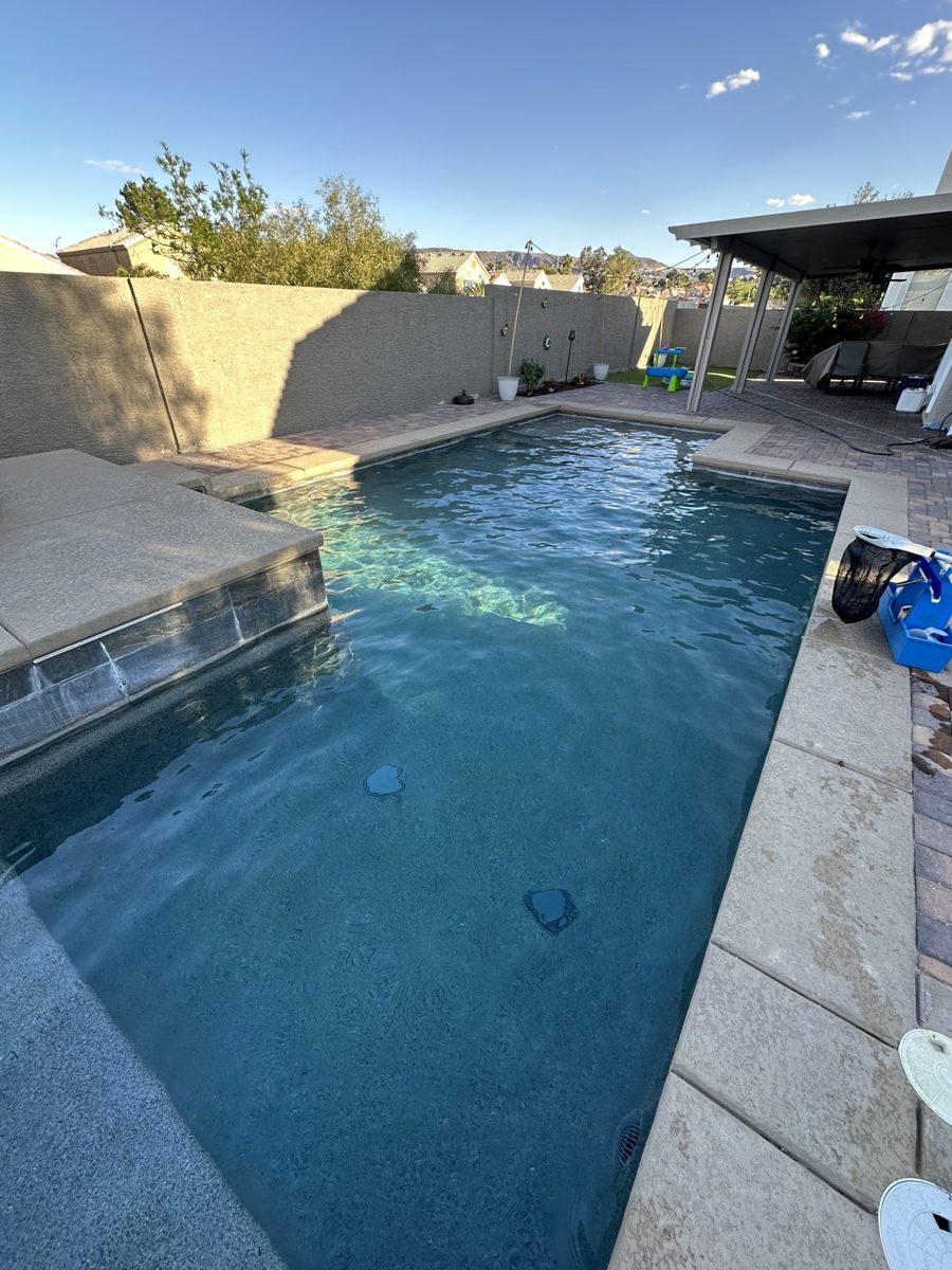 Clean backyard pool after maintenance service
